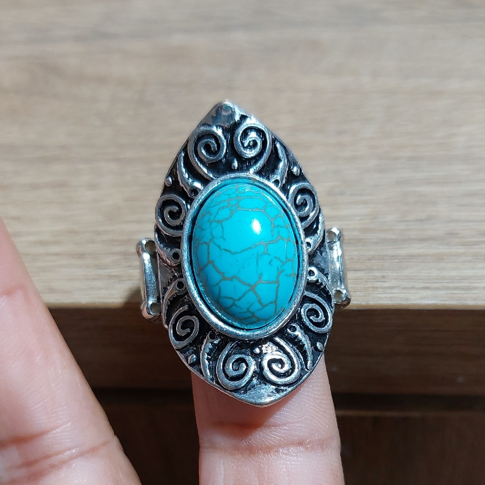 Faux Turquoise Cabochon Scroll Design Stretch Band Chunky Ring